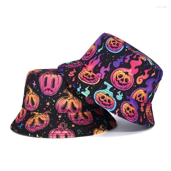 Boinas Divertido Halloween Estampado de calabaza Sombreros de cubo Mujeres Hombres Decoración de fiesta Panamá Mujer Verano Sol Pescador Gorra Cráneo Hip Hop