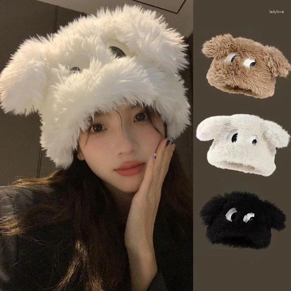 Boinas divertidas largas caricaturas de dibujos animados gorro de peluche para mujeres niña suave pelaje esponjoso color sólido para invierno tibia tibia gorro a prueba de viento al aire libre