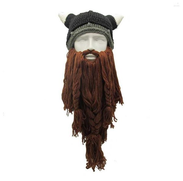 Bérets drôle homme Vikings bonnets tricot chapeaux barbe corne de boeuf tricoté à la main hommes hiver chaud casquettes femmes cadeau fête masque Cosplay casquette