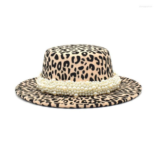 Bérets FUODRAO Femmes Léopard Imprimer Fedora Chapeaux Britannique Hiver Laine Mélange Plat Top Bowler Chapeau Large Bord Jazz Cap Party Cowboy P42