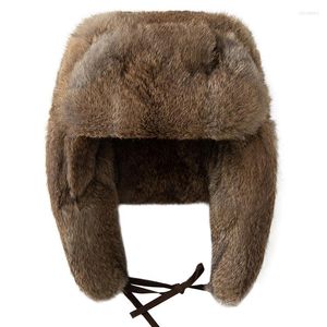 Berets Fur Cap Men Winter echte bommenwerper hoed winddichte warme oorbomen mannelijke plat grijs/zwart Russisch gepaste casquette