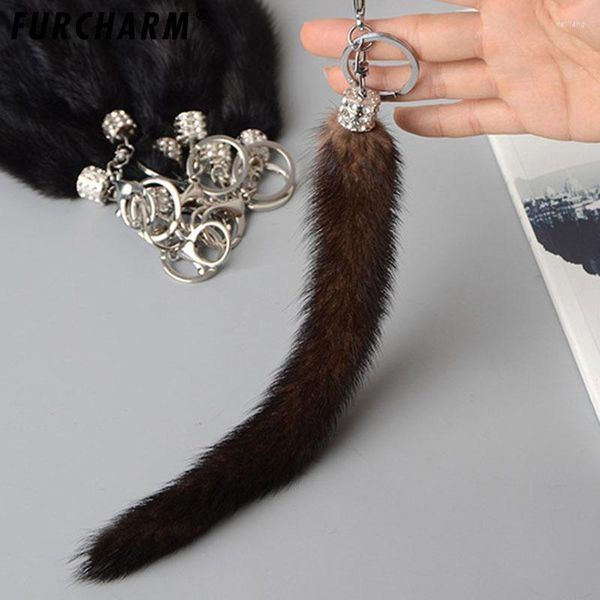 Boinas Furcharm 15 cm Big Mink Tail Fur Ball Pom Pompom Pompones Fluffy Accesorios para bolsas Bufanda de gorra