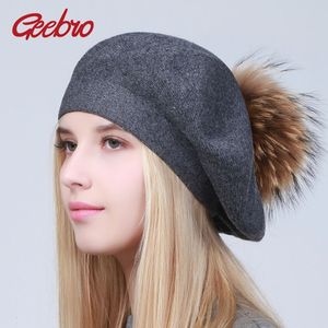 Baretten Geebro Vrouwen Hoed Winter Casual Gebreide Wol Met Natuurlijk Wasbeer Bont Pompon Dames Effen Kleur Baret Hoeden GS110 230825