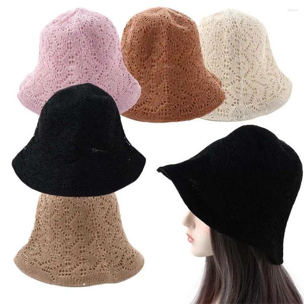 Bérets fille Portable lin couleur Pure casquettes pour femmes tricoté chapeau creux soleil femme chapeaux seau Style coréen