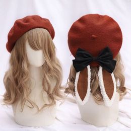 Berets Girls Cute Rabbit Ears Lolita Beret Hat Warm Beanies unisex Artist Cap Dome Pink Solid Color Decorate Groothandel 230823
