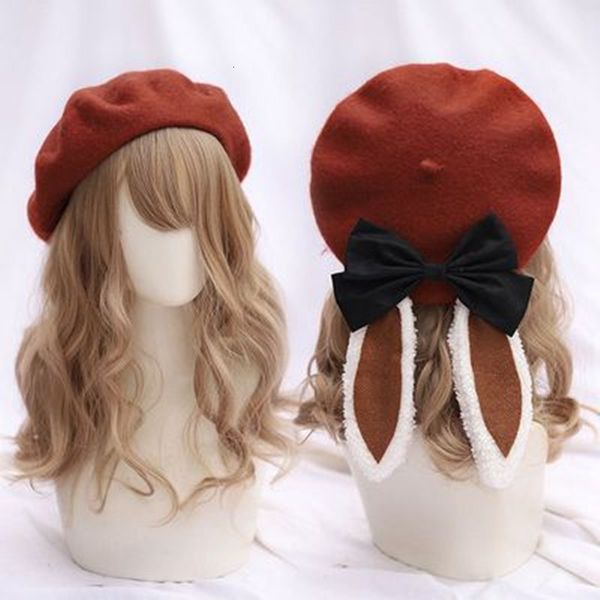 Bérets Filles Mignon Oreilles de Lapin Lolita Béret Chapeau Bonnets Chauds Unisexe Artiste Cap Dôme Rose couleur unie décorer En Gros 230829