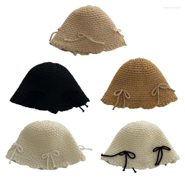 Bérets Filles Adolescents Crochet Seau Chapeau Avec Bowknot Décalcomanies Femme Paille Tissage Disquette Été Printemps Camping Soleil Y1UA