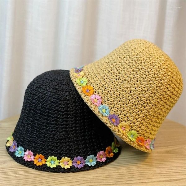 Boeretas chicas adolescentes gorro de crochet con calcomanías de flores mujer tejido de paja