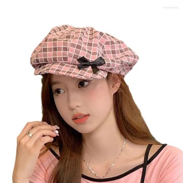 Beretas Girls Mujer Pink Lattice Artist Painter Hat Casual para adultos Francés ajustable con Bownot para acampar de compras