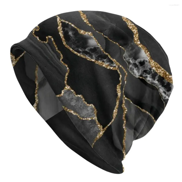 Boinas Glitter Marble Beanie Hats Black and Gold Marbles Street Y2K Gorras Hombres Unisex Gimnasio Sombrero de punto Otoño Gráfico Elástico