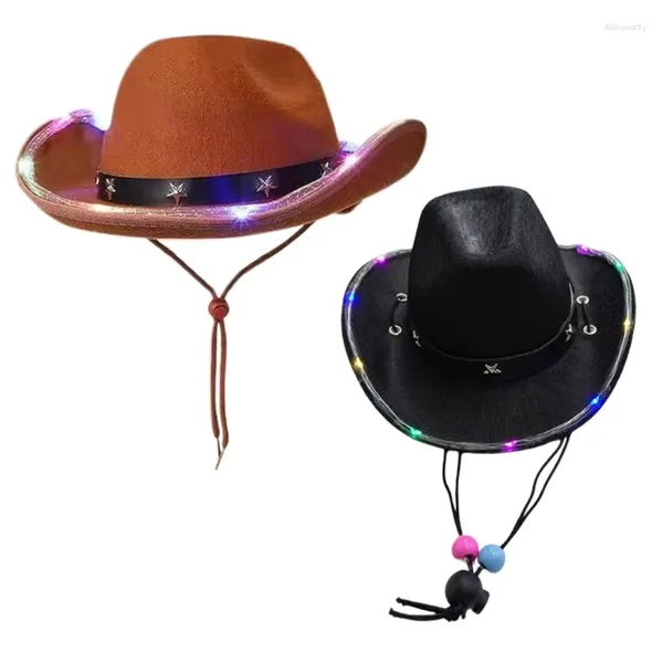 Boinas que brillan intensamente para adultos, sombrero de vaquera para mascotas, ala ancha, Festival, luz LED, sombreros de ala DXAA