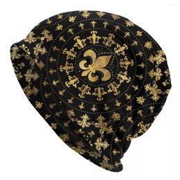 Berets Gold en Black Fleur de Lis Bonnet Hat Breien Men Women Fashion Unisex Fleur-de-de-Lily Flower Winter Warm Beanies Cap