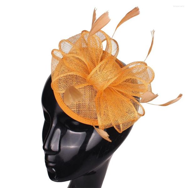 Boinas Gold Hoop Moda Fascinator Sombrero Clip para el cabello Fiesta Fedora Accesorios de plumas elegantes Boda nupcial Damas Millinery