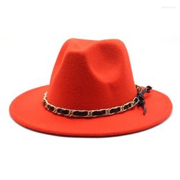 Boinas Golden Chain BOW BELT Tweed Top Hat Jazz Felt Hombres y mujeres Borde plano grande