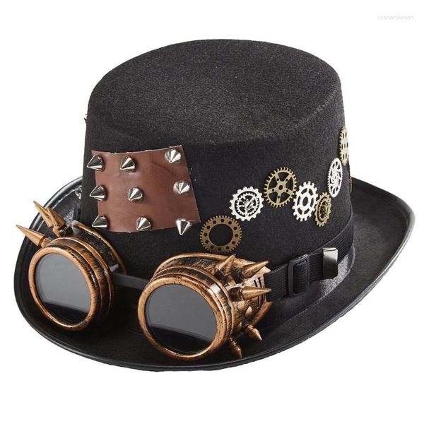 Bérets gothique noir Steampunk chapeau haut-de-forme engrenages lunettes Punk chapeaux PU cuir Rivets chaînes décoration de fête