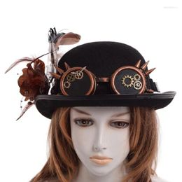 Bérets gothiques plumes Rose chapeau haut-de-forme dame avec des engrenages élégants lunettes coiffe de tête accessoires de costumes pour Cosers