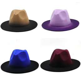 Bérets dégradé couleur Fedoras chapeaux pour hommes femmes feutre large bord seau casquette Gentleman Swanowing laine Cowboy chapeau Jazz casquettes en plein air