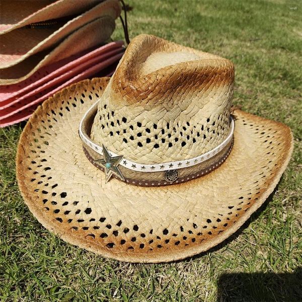 Boinas Gradiente hueco de vaquero hecho a mano lafite gat de paja mujeres hombres de verano de verano sombreros de playa de viajes al aire libre oeste sunshade 2023
