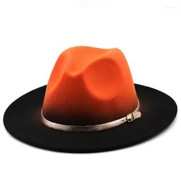 Bérets Gradient Tie Tyded Women Unisexe Panama Wool Felt Fedora Hats Mesdames Wide Brim Party trilby Cowboy Hat Fashion Jazz Cap Gold Belt