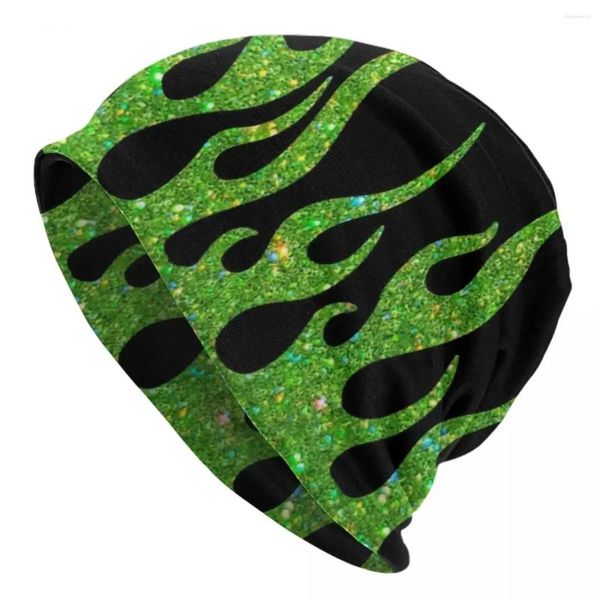 Bérets Green Glitter Flames Bonnet Chapeau tricoté Chapeaux Men Femmes Hip Hop Unisexe Adulte Vintage Fire Aesthée Hiver Bagons chauds Cap