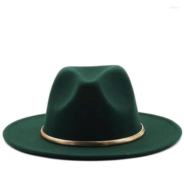 Bérets vert large bord chapeau haut de forme Panama décoration chaîne en or feutre Fedoras pour hommes femmes laine artificielle mélange Jazz casquette