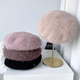 Bérets Gypsophila Diamants Angora Laine Béret Chapeau Femme Automne Et Hiver Peintre Chaud Couleur Pure Simple Hôtesse ChapeauBérets BéretsBérets