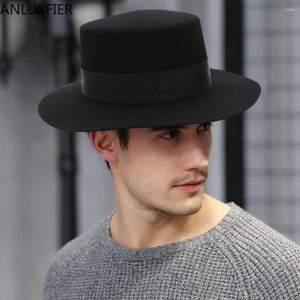 Bérets H7220 automne hiver Fedoras chapeau hommes laine haut plat Jazz Fedora casquette adulte mâle euro-américain noir fête chapeaux de plein air