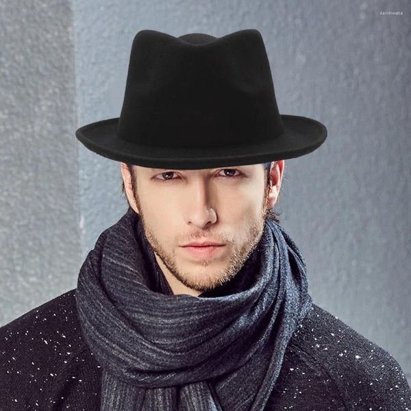 Bérets H7221 Automne Hiver Hommes Laine Fedoras Chapeau Mâle Courbé Jazz Fedora Cap Adulte Européen Américain Noir Messieurs Mode Chapeaux De Fête