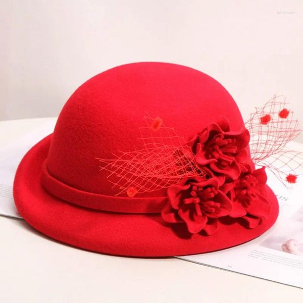 Berets H788 Femmes laine Feel Fedora Hat coréen Fashion Automne d'hiver Fedoras chauds CAP élégant Fleur Fleur Mesh