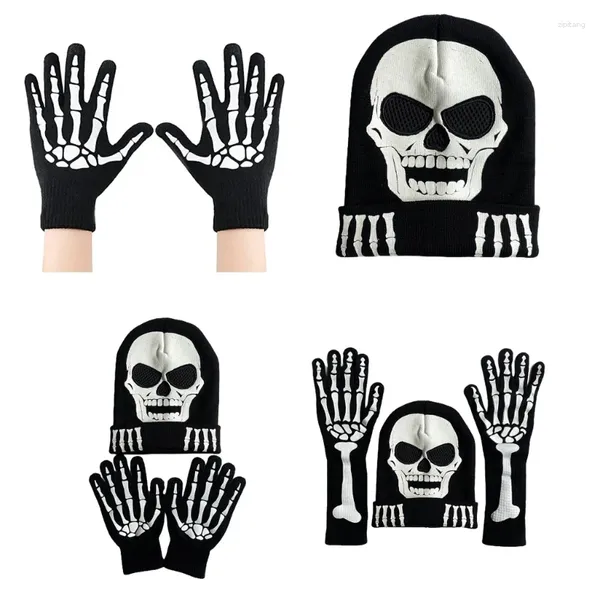 Boinas Guantes de garra de esqueleto de Halloween que brillan en la oscuridad Calentadores de manos Accesorios de fiesta Gorro DXAA