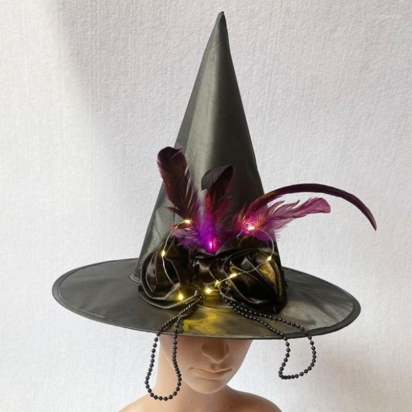 Bérets Hallowen Witch Sorceress Chapeau fantaisie costume de fête Masquerade Plume Rose Fleur Fleur noire Pointe