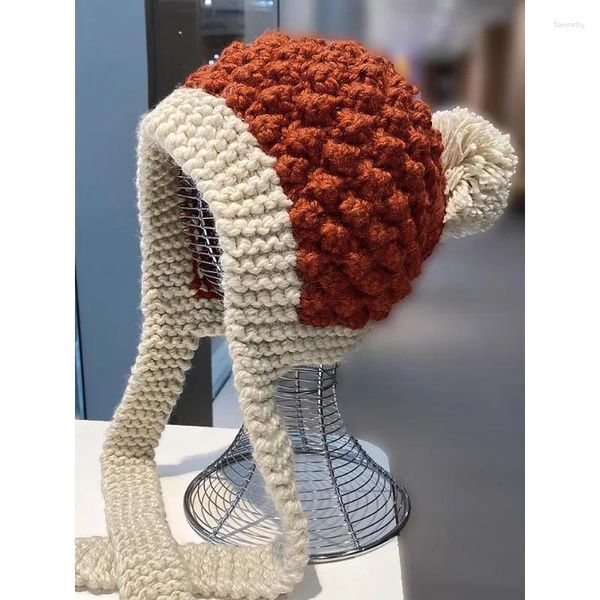 Bérets tricotés à la main en laine grossière pour enfants, chapeau Vintage, couleur assortie, longue cravate, boule de cheveux tricotée, automne/hiver
