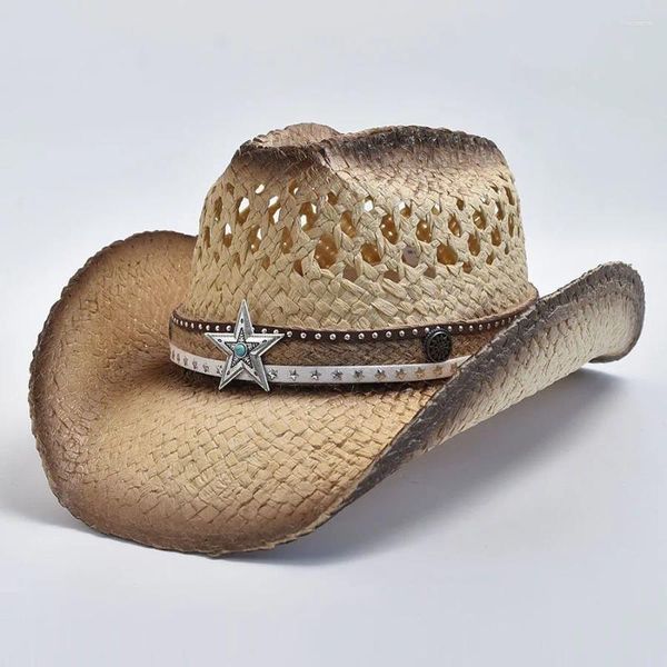 Bérets à la main de paille naturelle à la main chapeau de cowboy occidental pour femmes hommes été chapeaux de soleil de plage respirant