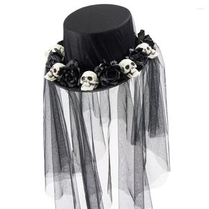 Bérets Chapeau de voile noir fait à la main pour femmes Lolita Victorien Gothique Crâne Rose Top Party Fandy Robe Chapeaux