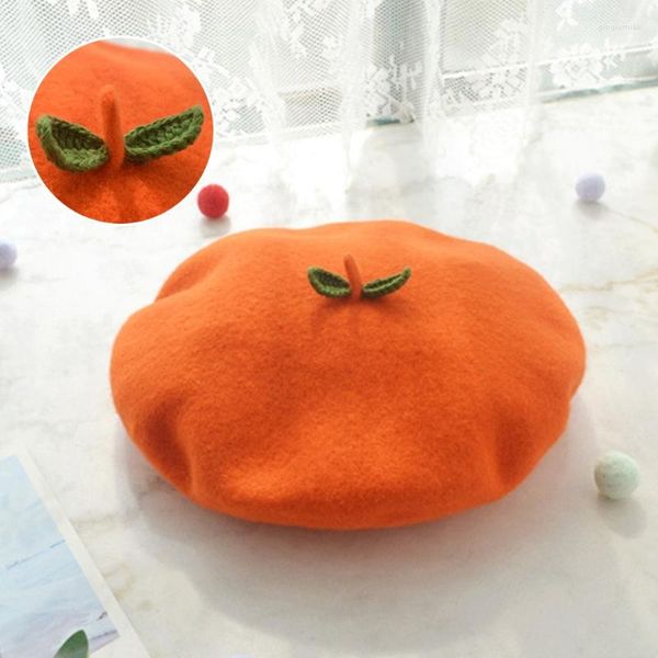 Boinas hechas a mano Cartoon boina gorro verde naranja fruta vintage mujer faux faux lana artista pintor gorra gota