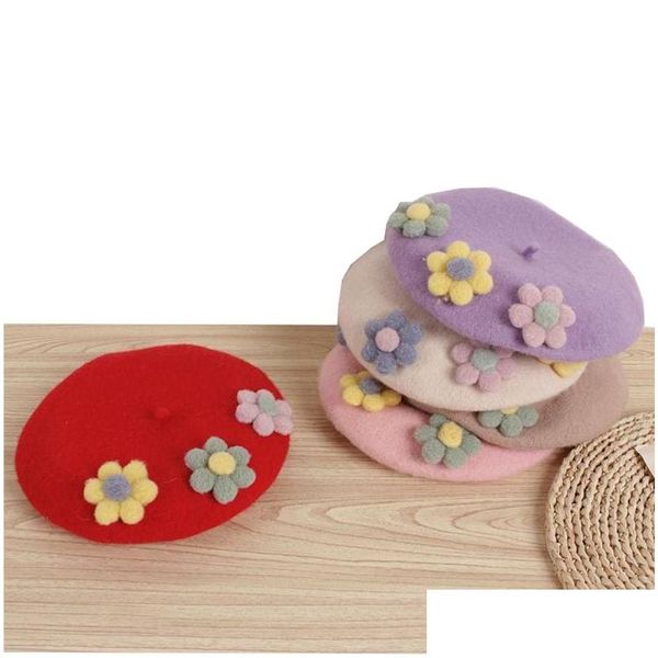 Boinas hechas a mano lindo fresco margarita flores lana fieltro boinas regalo colorf cariño mujeres gorro sombrero accesorios de moda sombreros, bufandas guante othdv