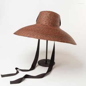 Bérets Chapeau de paille naturel polychromatique fait à la main Hommes Femmes Bandage Ruban Cravate Large Bord Protection Solaire Plage D'été