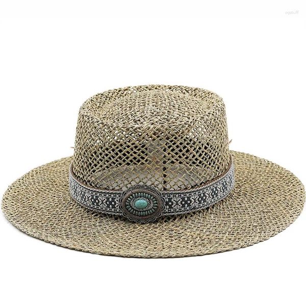 Boinas hechas a mano hierba salada chica paja sombrero de playa para mujeres verano Panamá gorra moda cóncava plana visera de protección solar sombreros