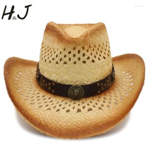 Beretten Handgemaakte weefmensen Western cowboyhoed met punk lederen band maat 58 cm A0132Berets Pros22