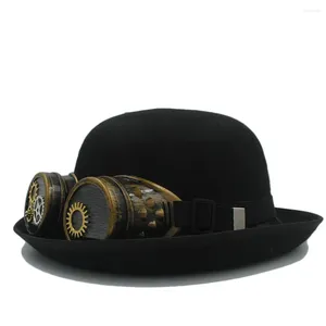 Baretten Handwerk Dames Heren Zwart Bowler Steampunk Hoed Met Gear Bril Voor Cosplay Stoom Punk Fedora Ster Billycock Party Caps