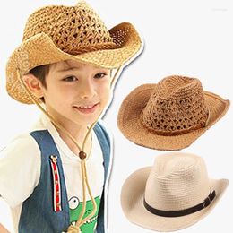 Bérets de paille tissés à la main, chapeau de Cowboy Parent-enfant, chevalier occidental d'été, Protection solaire de voyage pour enfants, Sombrero avec mentonnière