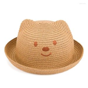 Beretten Hanxi Zomerkinderen Stro Sun Hats Cute Bear Ear Cap For Kid 51 cm hoofdomtrek Beach Hat Boys Girls