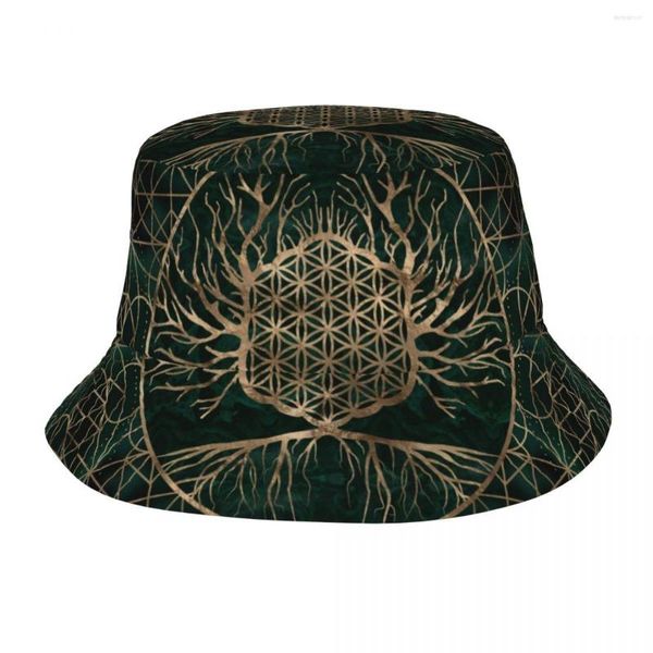 Boinas Harajuku flor de la vida en el árbol malaquina y sombrero de cubo dorado protección UV Unisex Camping pesca gorras primavera Picnic sombreros