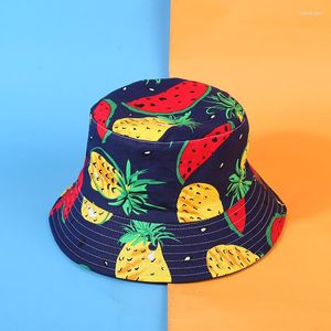 Boinas Harajuku estampado de girasol sombreros de cubo mujeres hombres Reversible verano fruta plátano sandía sombrero playa japonés Hip Hop Panamá gorras