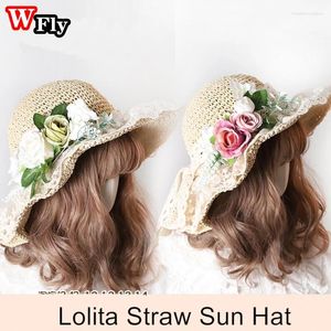 Berets Harajuku Sweet Women Girls Girls Summer Beach Stro Sun Hat Kawaii Lolita Cosplay Lace Ribbon Bowknot Hats Ladies Elegant Cap