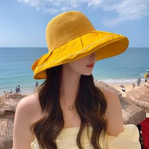 Bérets Chapeau pour femmes Summer Hollow et Breathable Sun Fashionable Large Brim Bow Ombrage de jeu en plein air