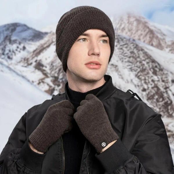 Ensemble de bérets et de gants pour hommes, tricotés pour écran tactile, doux, épais, résistants à l'usure, couleur unie, accessoires pour la chaleur, hiver