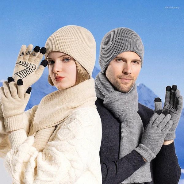 Boinas sombrero guantes bufanda traje hombres invierno cálido tejido conducción al aire libre protección para los oídos lana mujer manga gorra Skullies gorros