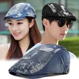 Berets chapéu masculino primavera verão lazer moda denim perfurado boina coreano unisex legal retro velho feito para a frente