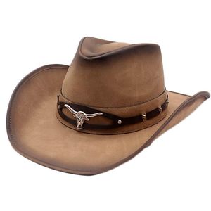 Berretti Cappello di alta qualità West Cowboy Moda Ecopelle Metallo Testa di toro Decorazione Sombrero Western Uomo Donna Berretti